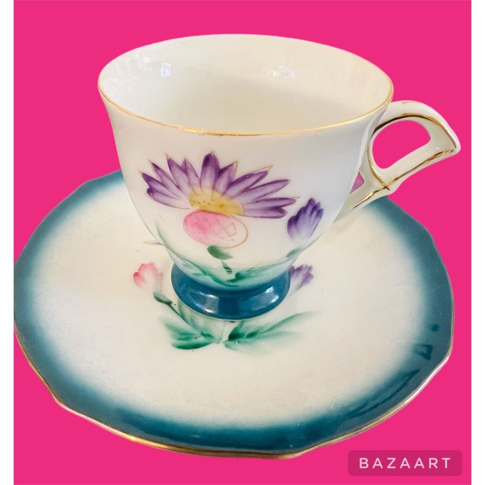 Hand Painted Shafford Bone China Small Teacup & Saucer Teal White Purple